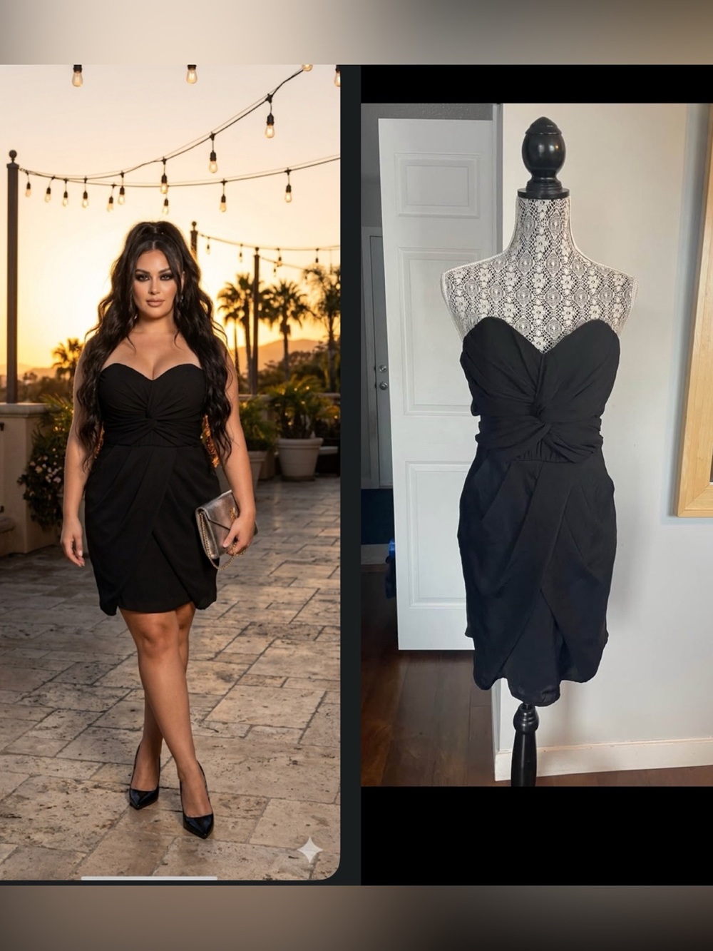NWT XL Strapless Knot Front Chiffon Crinkle Tulip Skirt Dress With Boning. Black